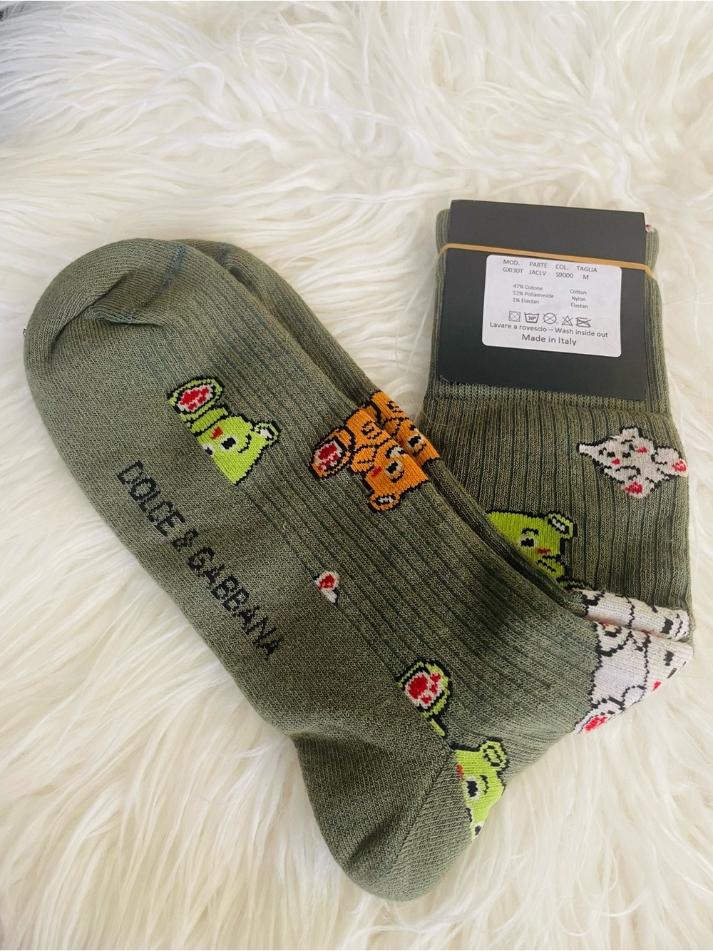 Dolce & Gabbana Olive Green Cartoon Crew Socks with Multicolor Motifs unisex
